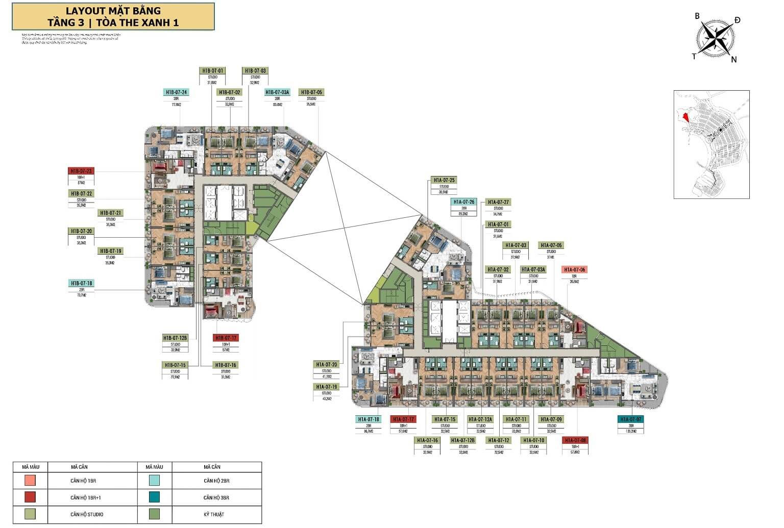 Layout tầng 3 tòa The Xanh 1 dự án Xanh Island Cát Bà