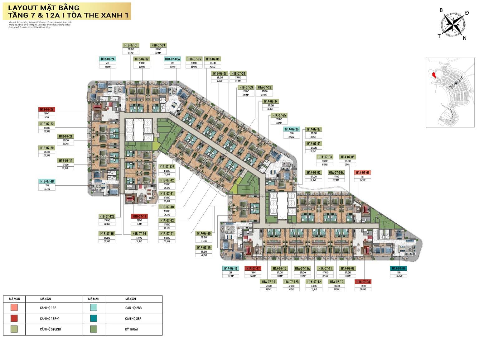 Layout tầng 7 & 12A tòa The Xanh 1 dự án Xanh Island Cát Bà