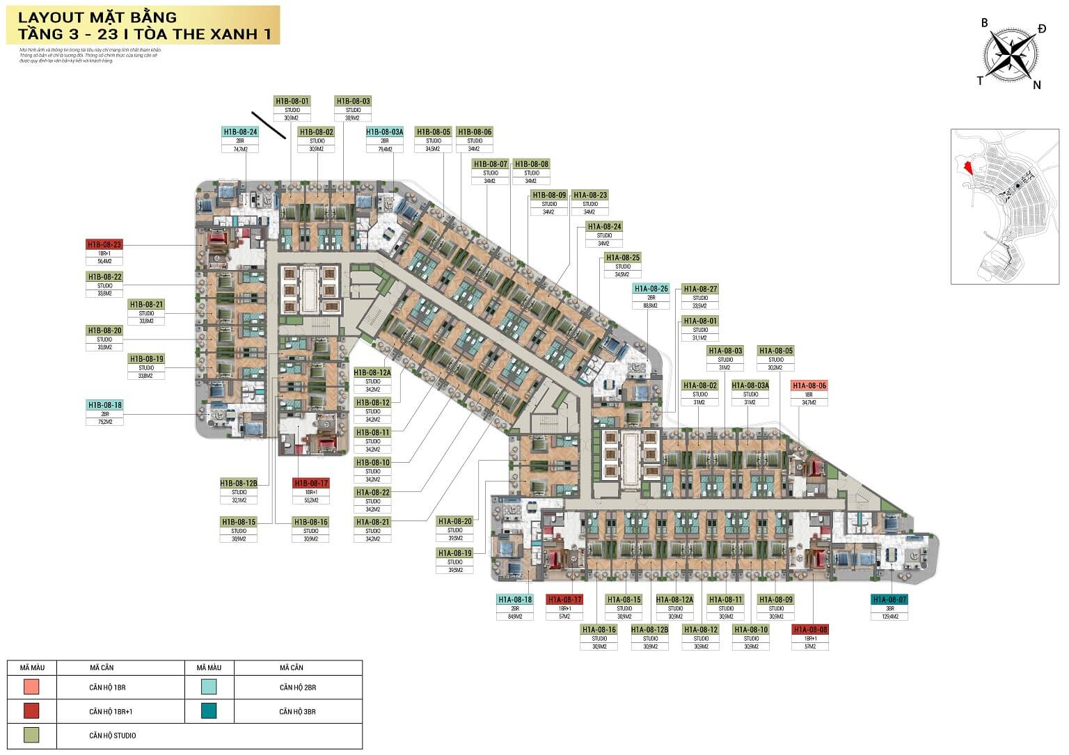 Mặt bằng tầng 3-23 tòa The Xanh 1 Cát Bà dự án Xanh Island by Sun Group