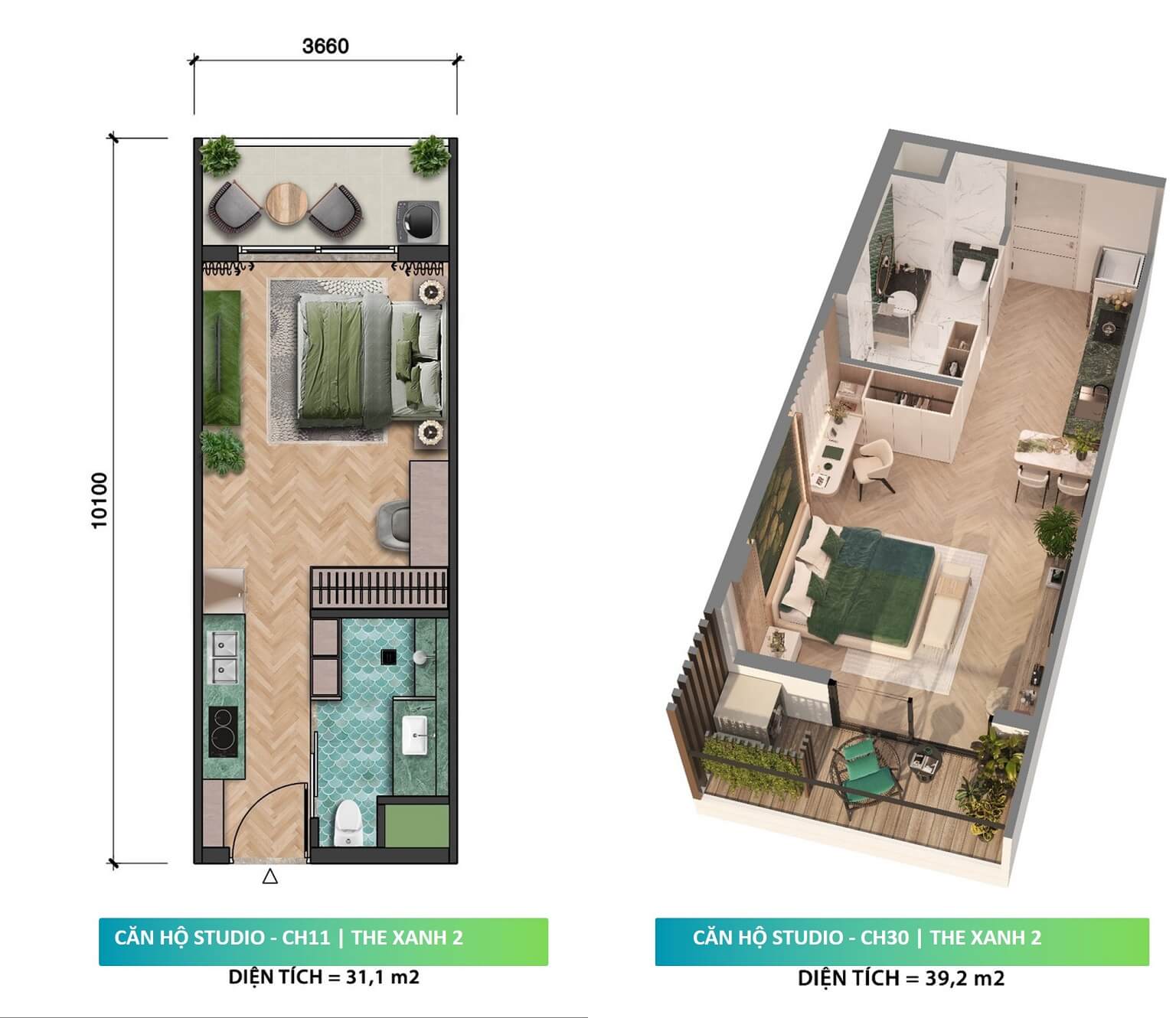 Thiết kế căn hộ studio tòa The Xanh 2 dự án Xanh Island by Sun Group